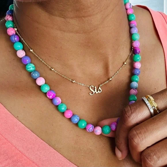 Gem ‘Candy’ Style Bead Necklace 18k Gold Plated Quartz Dyed Howlite - Picture 11 of 12